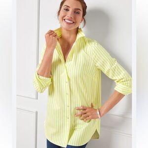 Talbots Yellow White Vertical Stripe 100% Cotton Side Button Boyfriend Shirt
